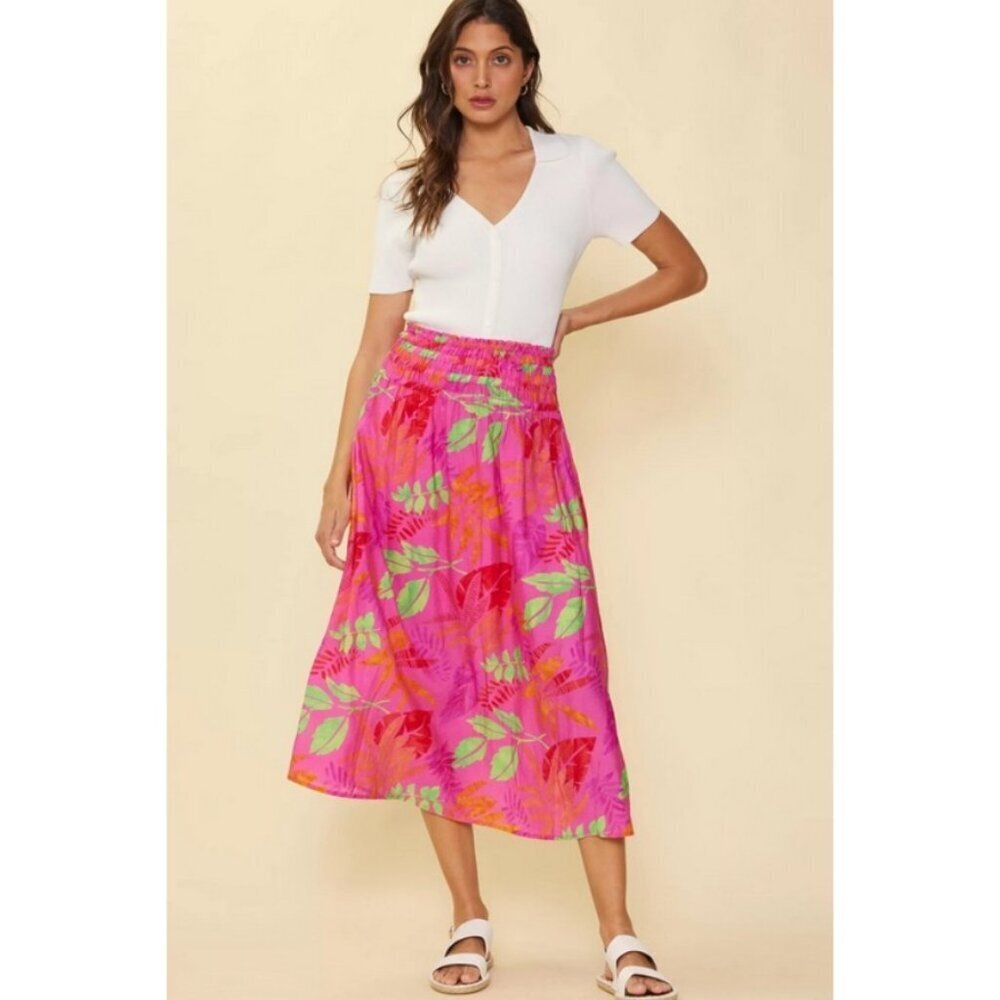 💕SKIES ARE BLUE💕 Tropical Print Skirt ~ Pretty In Pink Large L NWT